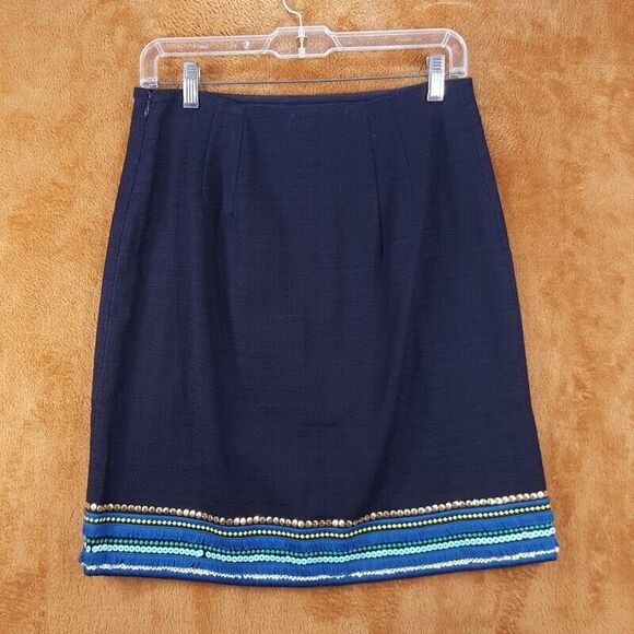 TALBOTS Womens Skirt Size 4 Blue Tweed Straight Lined Frayed Sequins Hem Cotton - Picture 3 of 9